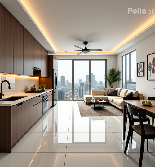 Projects a well lit, professionally staged photo of a 2 bhk or 3 bhk apartment interior,